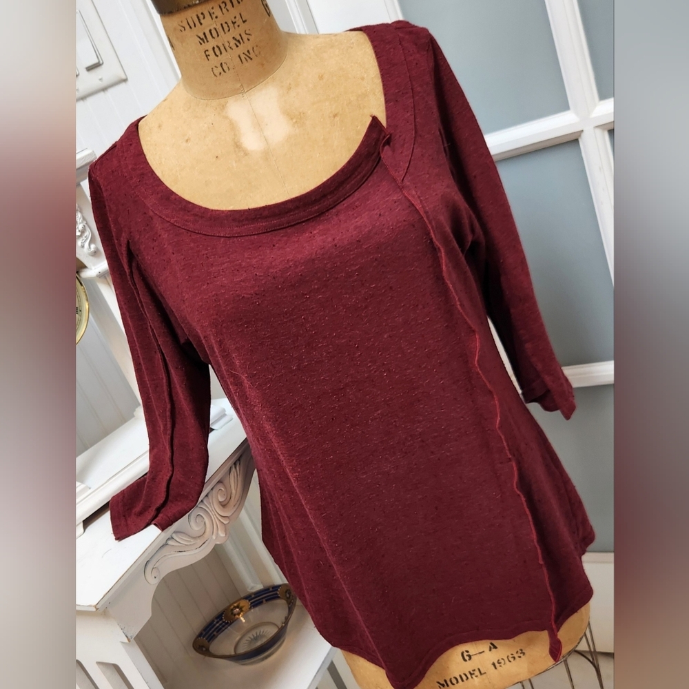Custom-Made idea2lifestyle 3/4 Sleeve Burgundy Cotton/Linen Top EUC